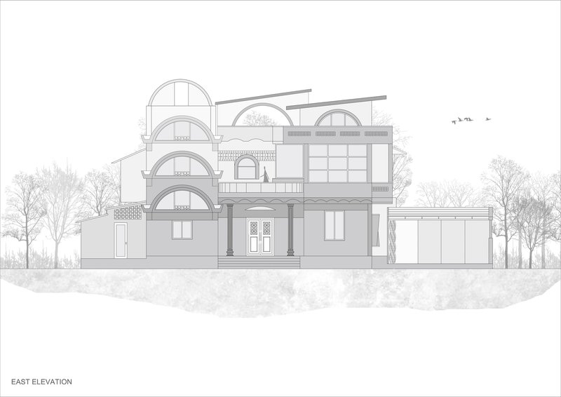 East elevation drawing showing arched openings and stepped roof terraces with silhouetted trees