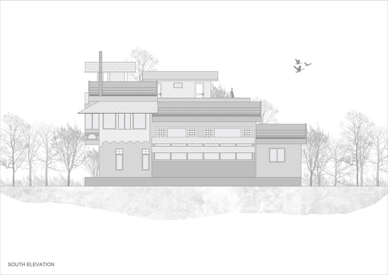South elevation drawing depicting terraced levels with rooftop garden and birds overhead