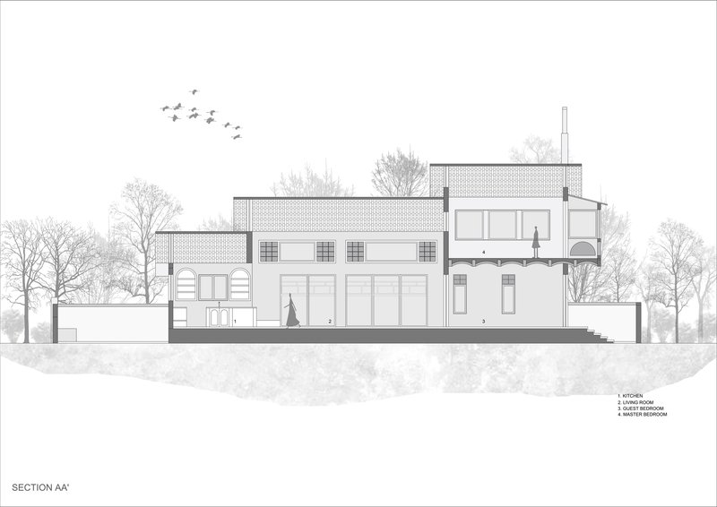 Section drawing revealing interior spaces with double-height volumes and a flock of birds