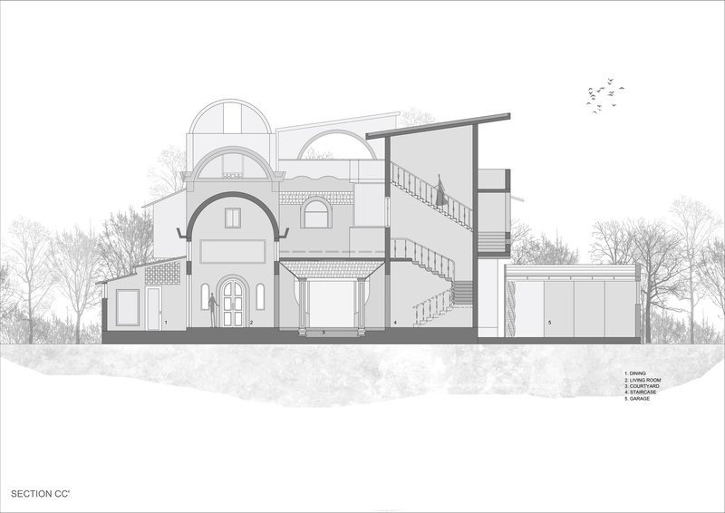 Section drawing displaying arched volumes and internal staircases with birds in flight