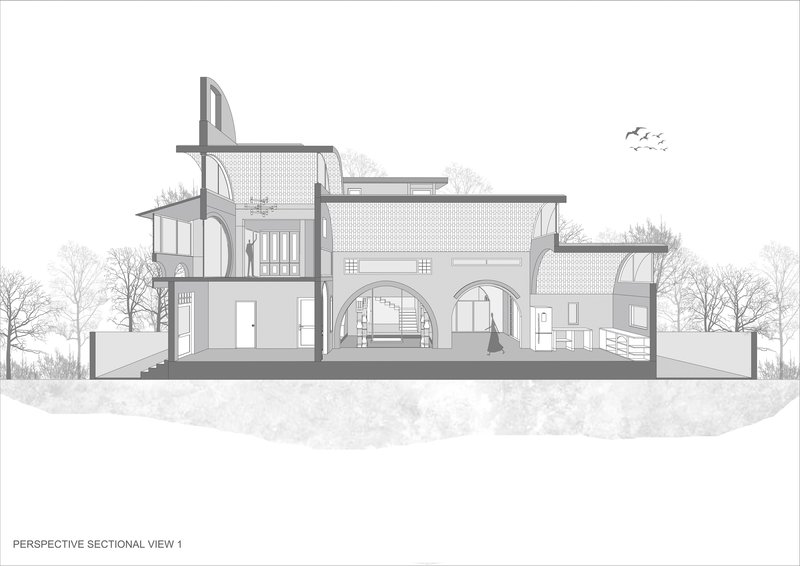 Perspective section drawing showing arched volumes, interior stairs, and rooftop terraces with trees and birds in the background