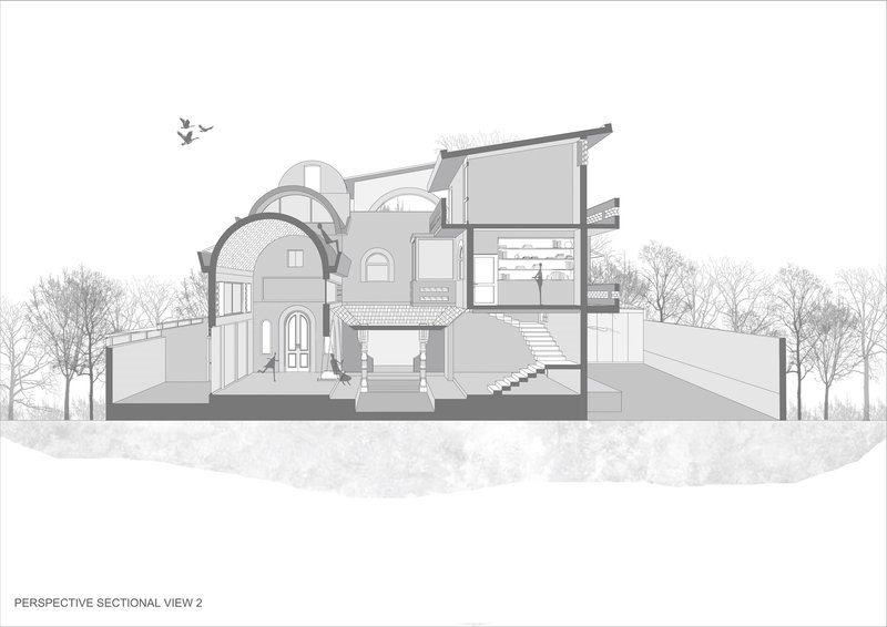 Perspective section drawing revealing the central atrium, staircases, and layered volumes with surrounding deciduous trees and birds