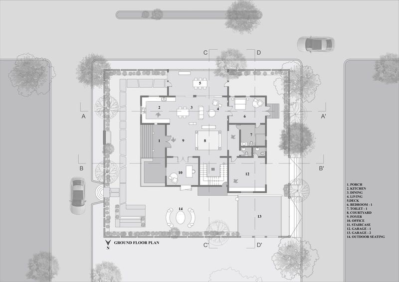 Ground floor plan drawing indicating interior rooms and a curved pool element in the courtyard
