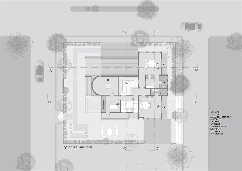 First floor plan drawing showing bedrooms and terraces with surrounding landscape elements