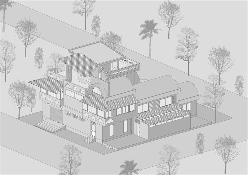 Axonometric drawing of the multi-level residence with barrel vaults and flat roofs surrounded by palm and deciduous trees
