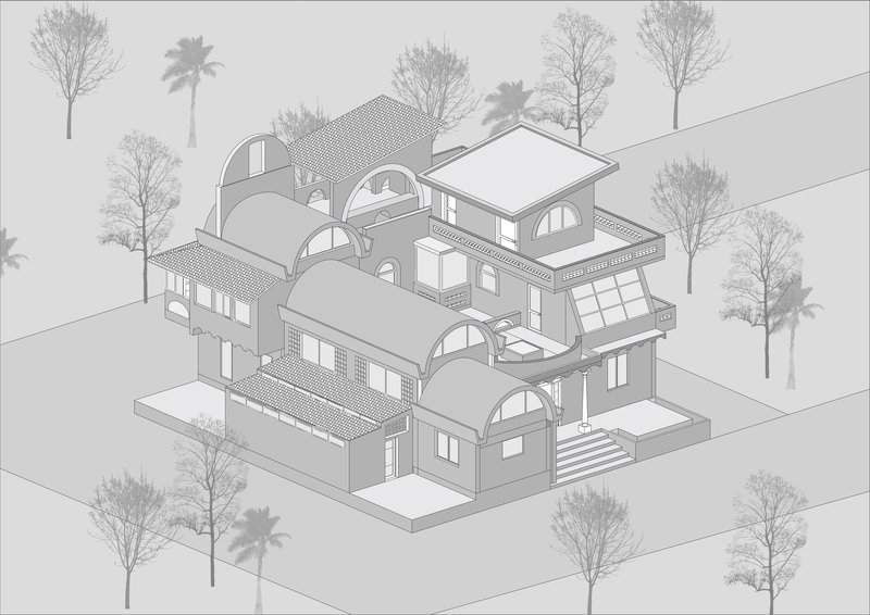 Axonometric drawing showing the arched roofs, terraces, and glazed openings from the opposite angle with trees scattered around