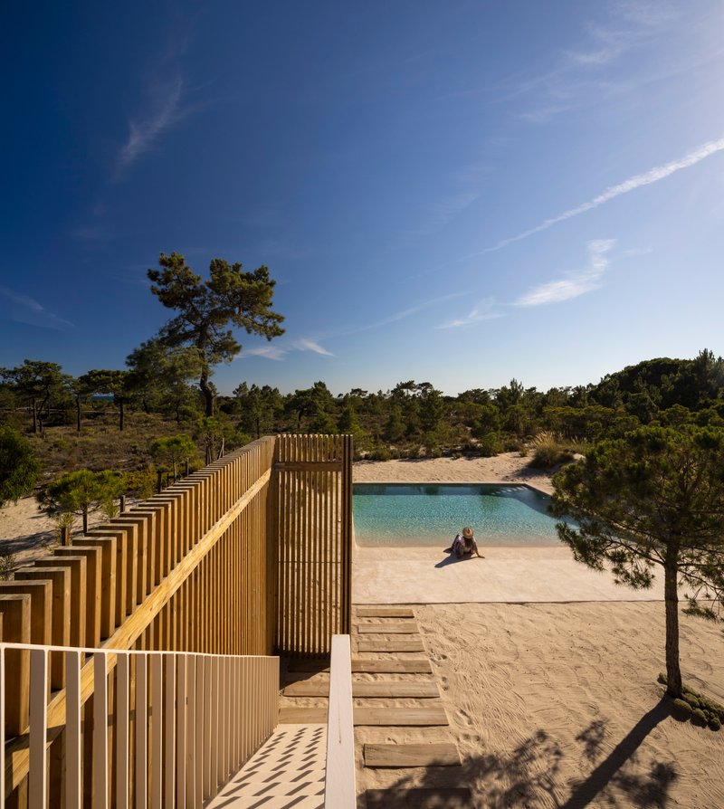 Timber slatted walkway descending toward a pool and sandy beach with pine trees under clear blue sky