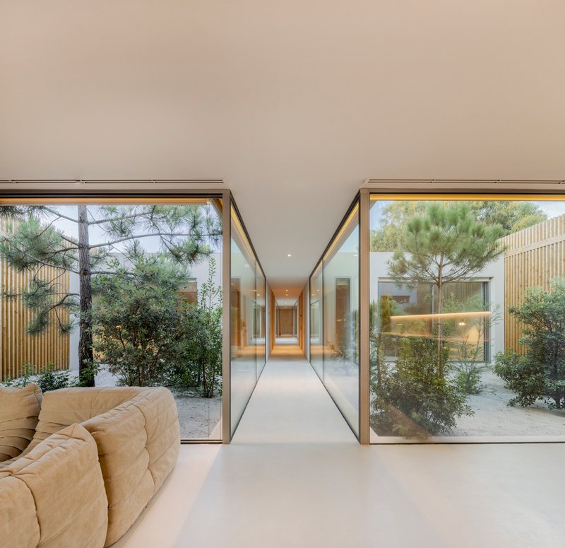 Living space with floor-to-ceiling glass walls opening to planted courtyards on both sides