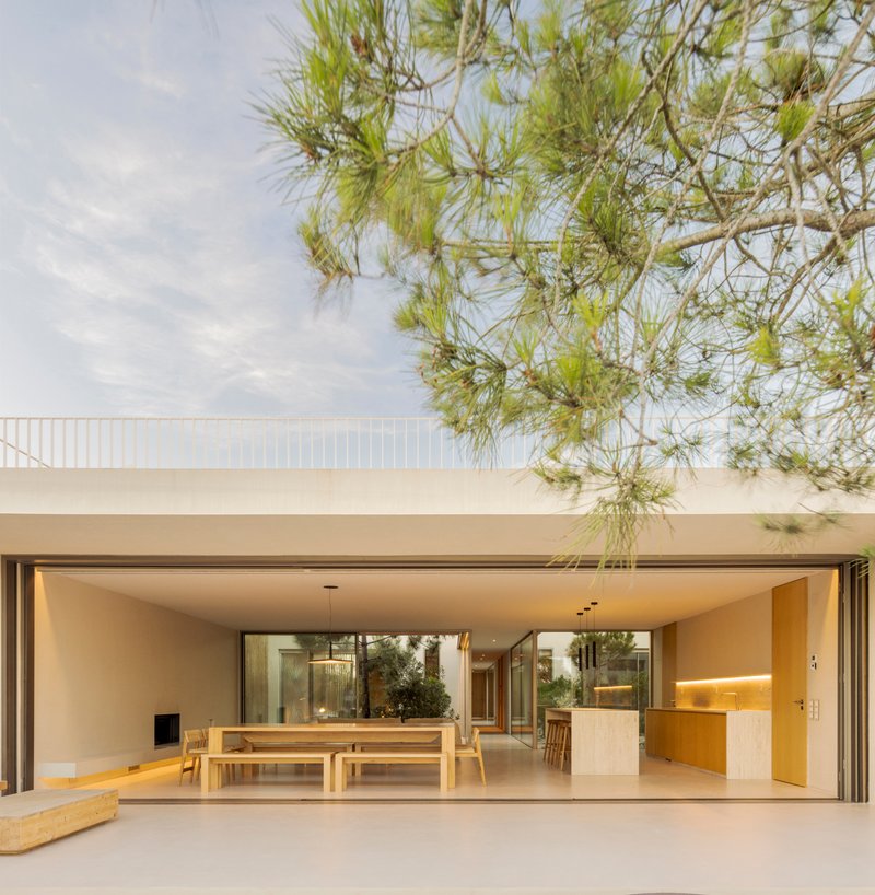 Covered terrace with folding glass doors opening to dining area and kitchen under pine branches
