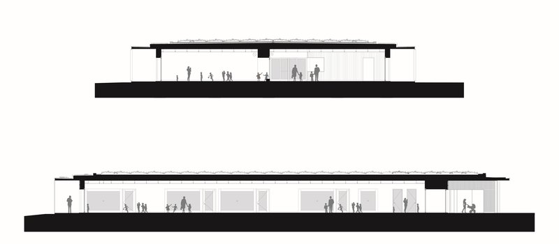 Elevation drawings showing the single-story profile with flat roof and interior figures at two different facades