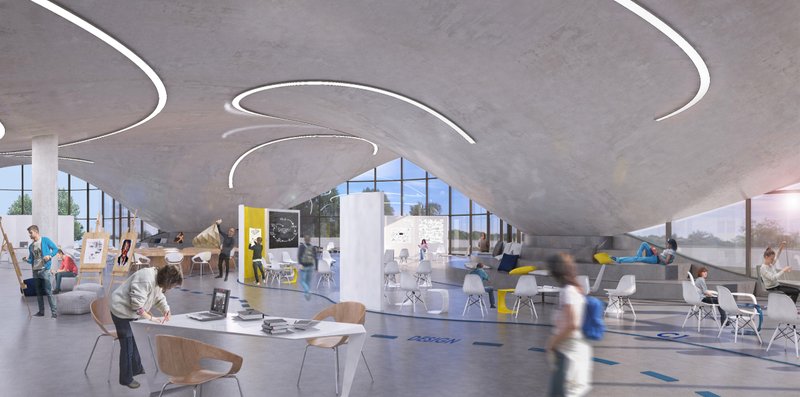 Flexible interiors and collaborative zones redefine future school architecture by removing boundaries between learning, making, and social interaction.