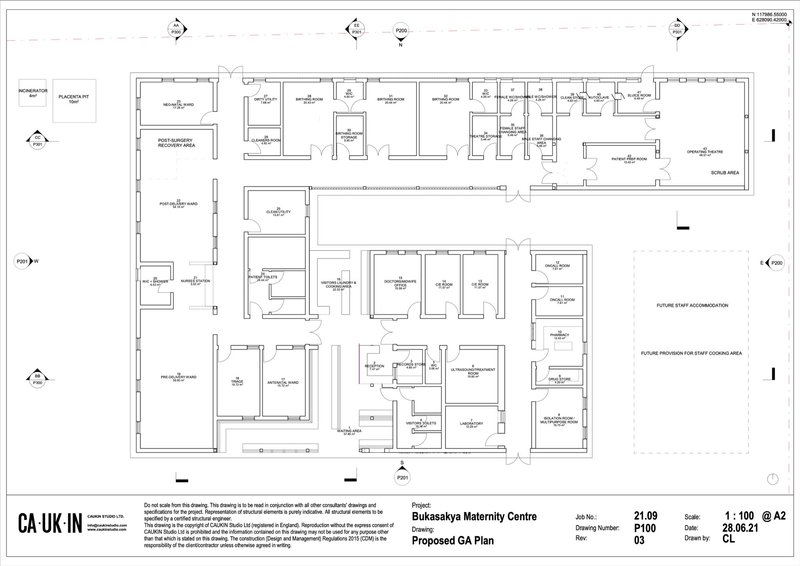 Floor plan drawing showing room layout with labeled spaces for patient care and support functions