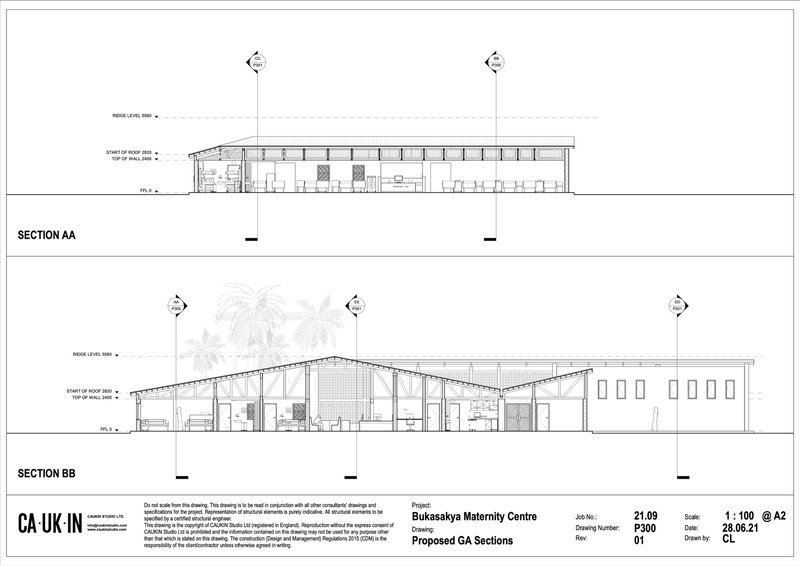 Section drawings showing the interior spatial arrangement and roof profiles with palm trees in elevation