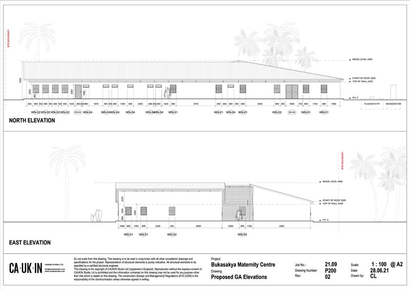 Elevation drawings showing the north and east facades with palm tree outlines and openings