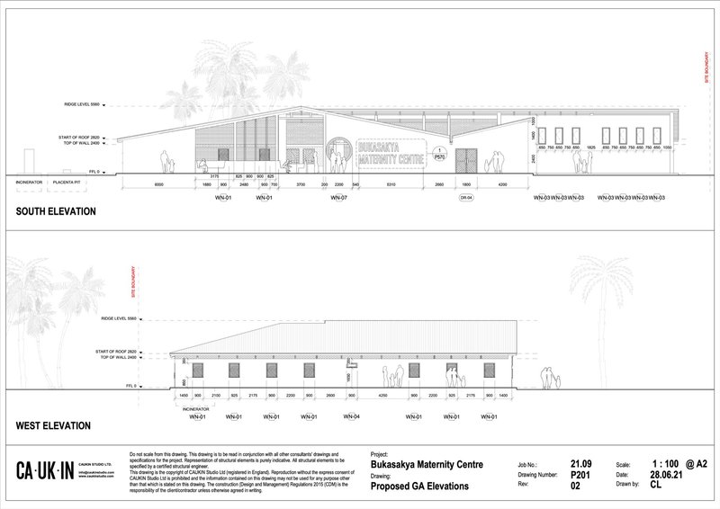 Elevation drawings showing the south and west facades with palm tree outlines and openings