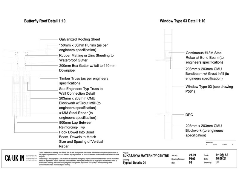 Construction detail drawings of butterfly roof assembly and window bond beam connection