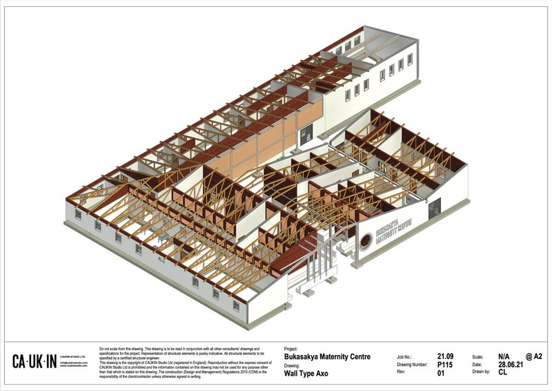 Axonometric drawing showing the exposed timber truss roof structure and interior wall layout