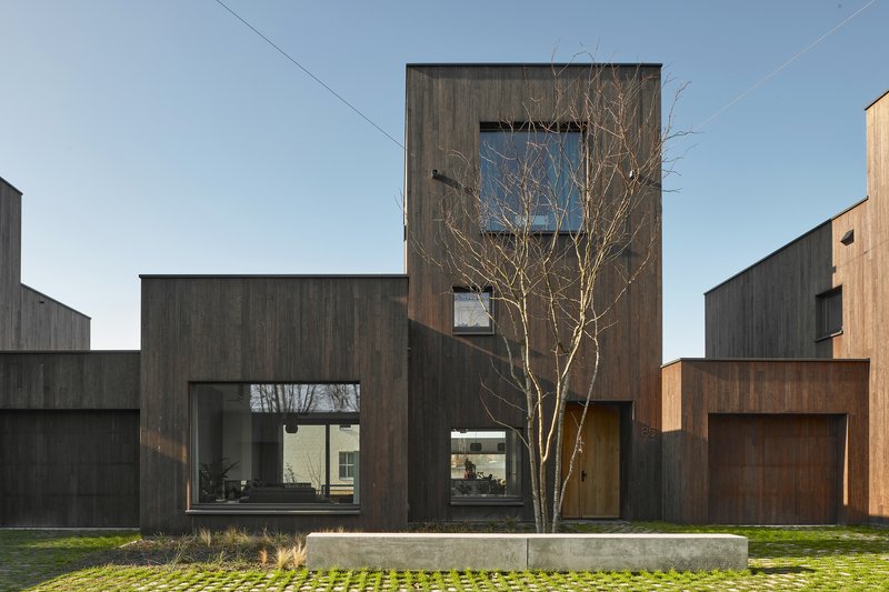 Darkened timber facade with large framed window overlooking a concrete bench and young birch
