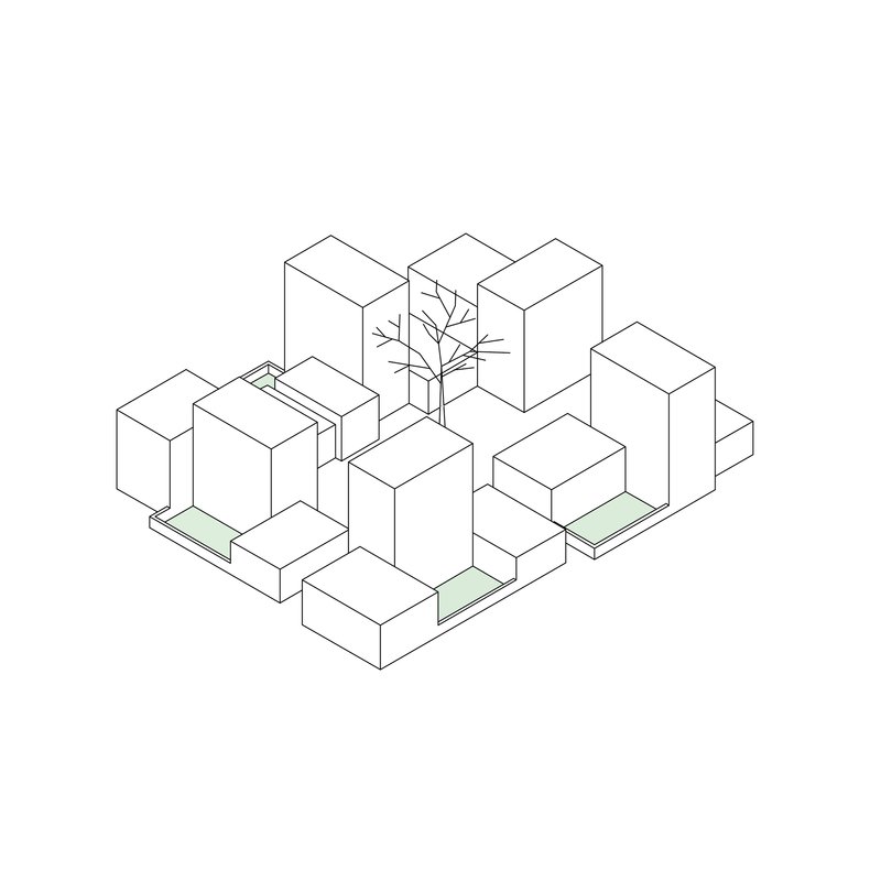 Isometric drawing showing clustered box-like volumes arranged around a central tree with green terraces