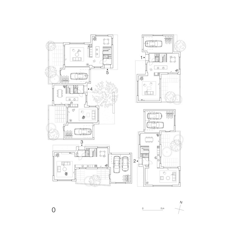 Ground floor plan drawing showing five dwelling units with living spaces, garages, and private outdoor terraces