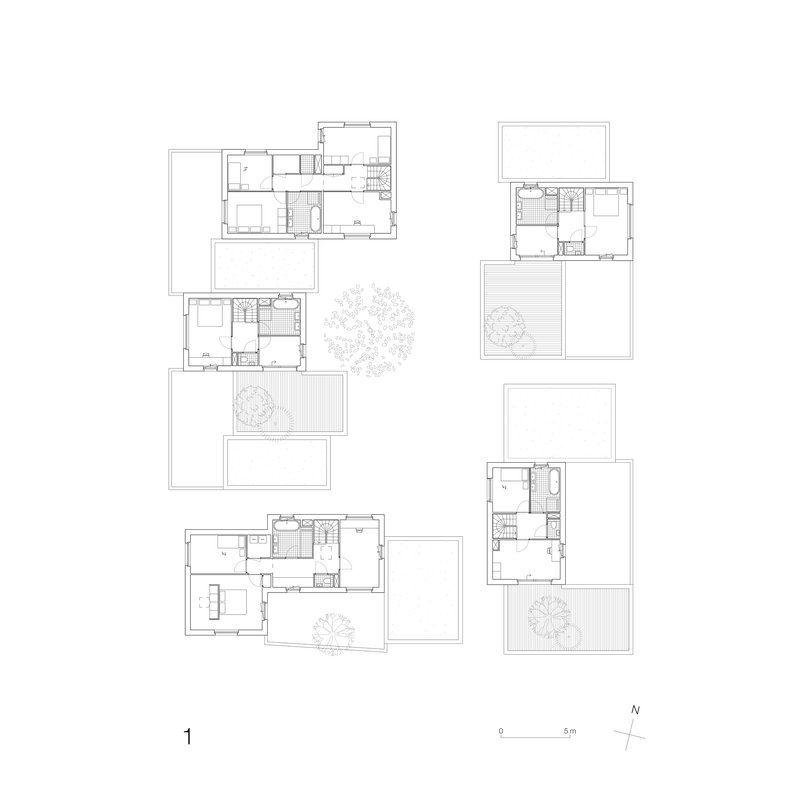 First floor plan drawing showing bedroom levels of five units with outdoor decks and central tree placement
