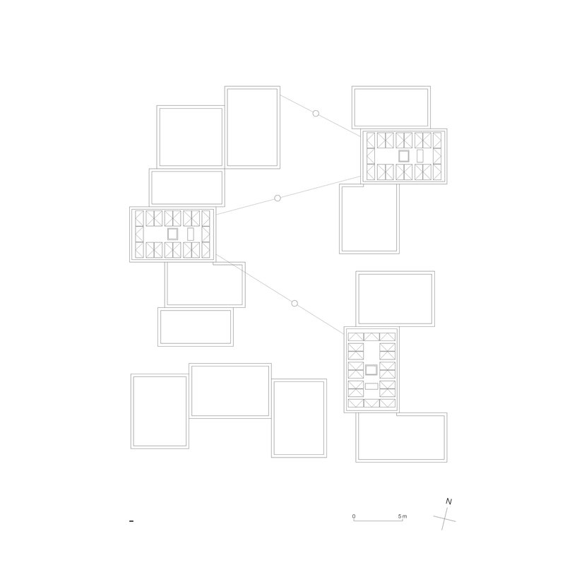 Site plan drawing showing clusters of rectangular volumes connected by diagonal circulation paths