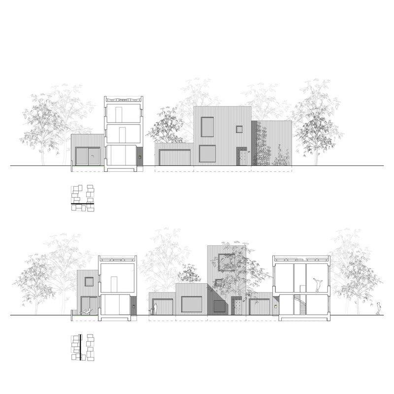 Elevation drawings showing stacked and offset rectangular volumes with vertical siding surrounded by trees