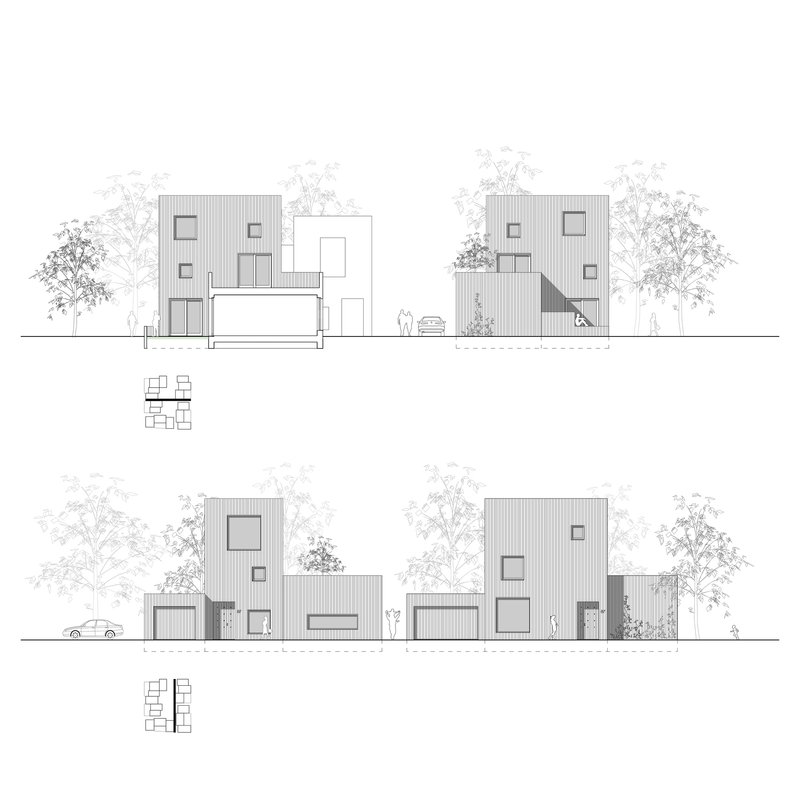 Elevation drawings depicting clustered box-form dwellings with corrugated cladding and figures for scale
