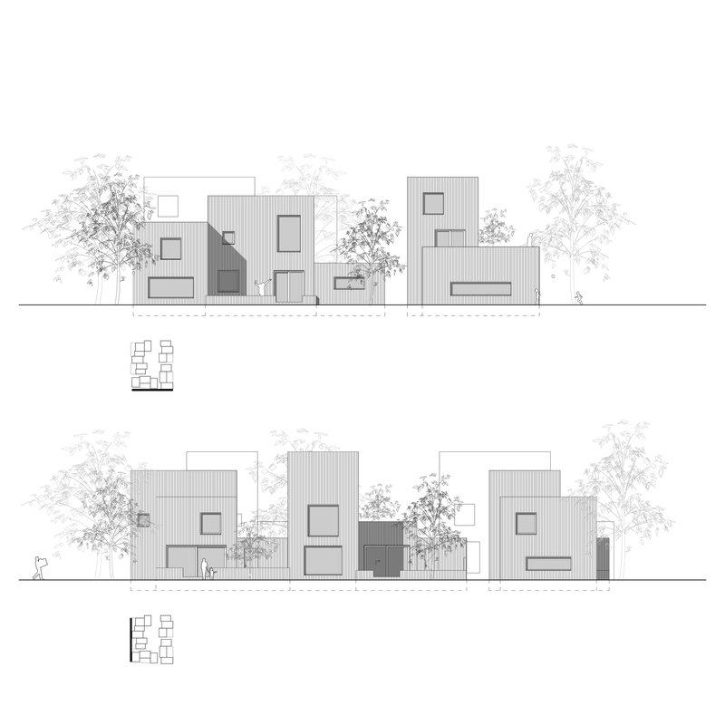 Elevation drawings illustrating offset rectangular forms with mixed cladding materials and landscaped courtyards