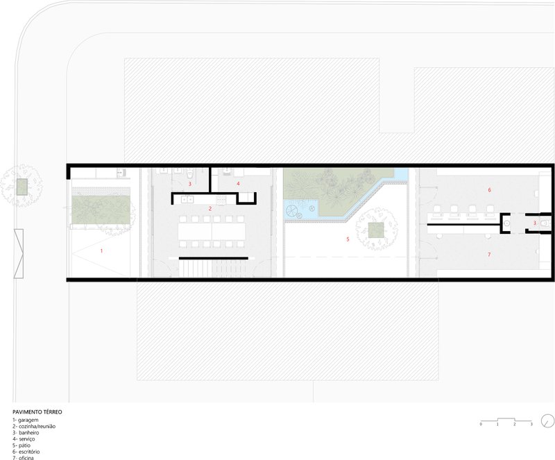 Ground floor plan showing garage, kitchen, pool, and courtyard with circular tree plantings
