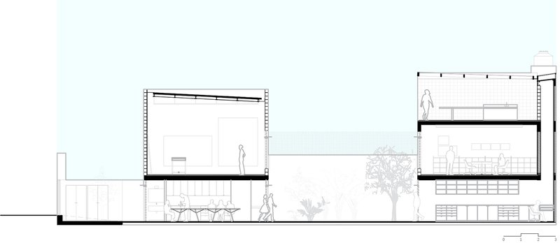 Longitudinal section drawing showing split-level volumes with courtyard, trees, and human figures