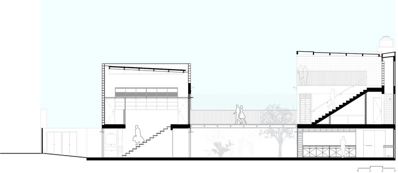 Longitudinal section drawing showing interior stairs connecting levels, courtyard pool, and planted areas