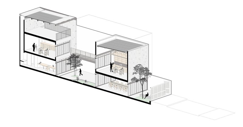 Axonometric section showing multi-level interior spaces with courtyard trees and human figures