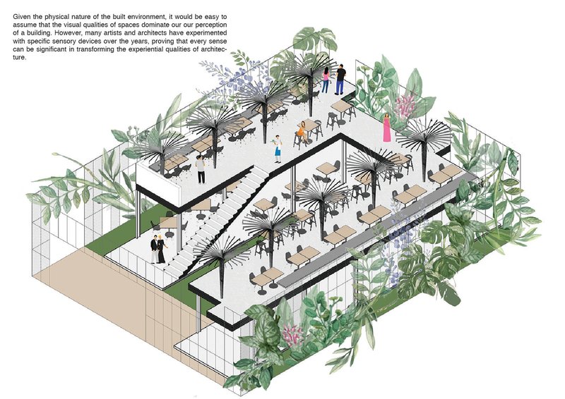 Axonometric drawing showing interior terraces with palms, human figures and spaces arranged around stepped floor plates