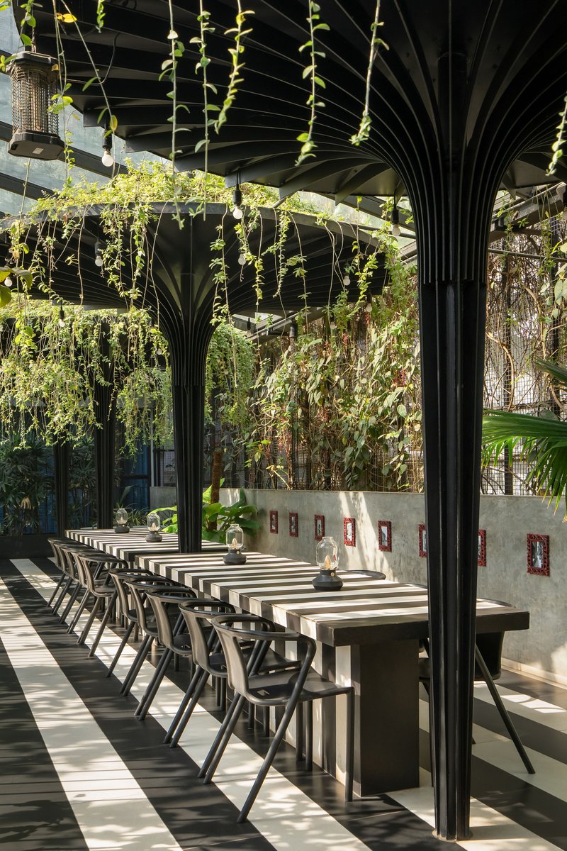 Covered dining terrace with radial black metal ceiling beams and hanging vines filtering daylight