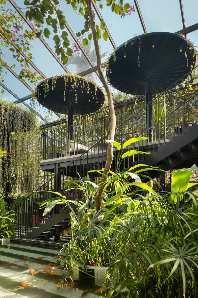 Upward view of circular canopy structures with draped vegetation suspended above a planted courtyard and steel stair