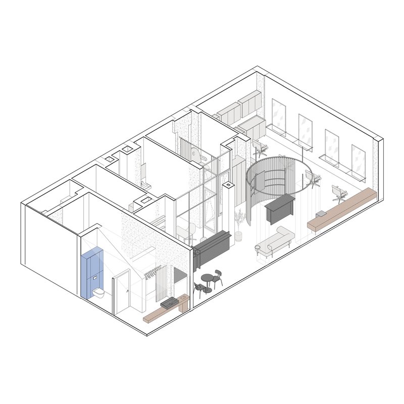 Axonometric drawing showing open retail layout with curved reception counter curtain dividers and furniture