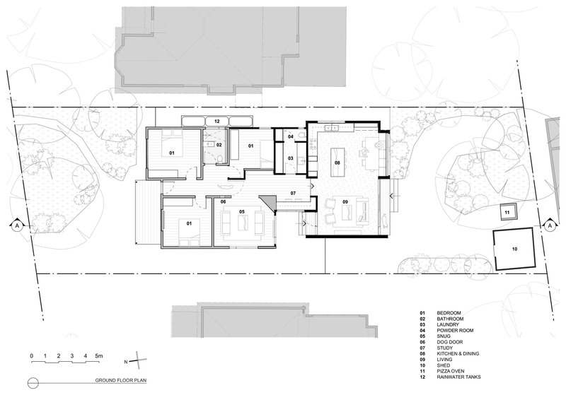 Ground floor plan drawing showing linear arrangement of rooms with surrounding garden and trees