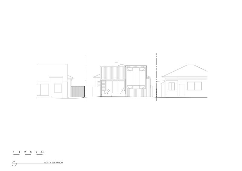South elevation drawing showing central residence with corrugated cladding flanked by neighboring houses