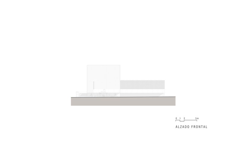Front elevation drawing depicting a low horizontal composition with minimal fenestration and a vertical slatted element