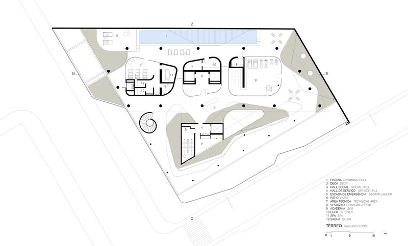 Ground floor plan drawing showing swimming pool, deck area, and curved pathways within the site