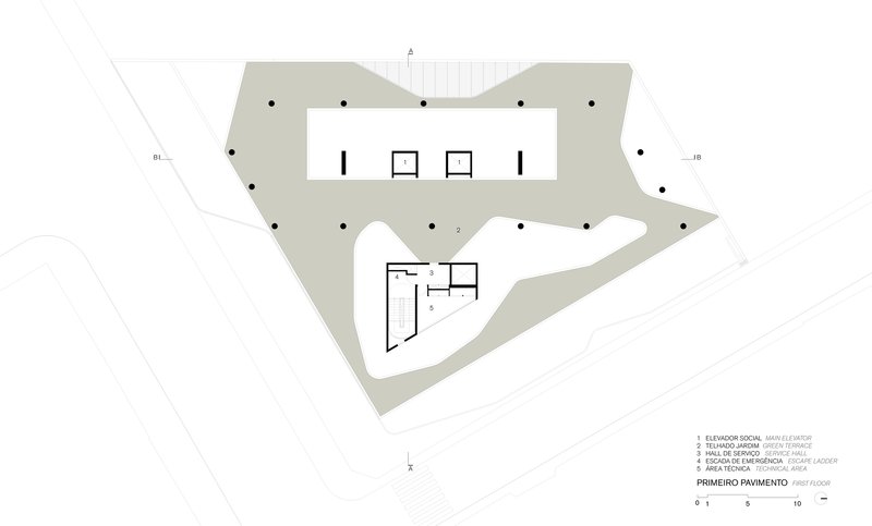 First floor plan drawing showing residential units arranged around central service core and elevator banks
