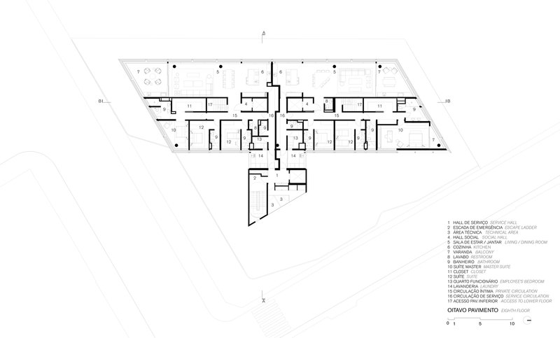 Floor plan drawing showing eighth floor level with residential units and central circulation core