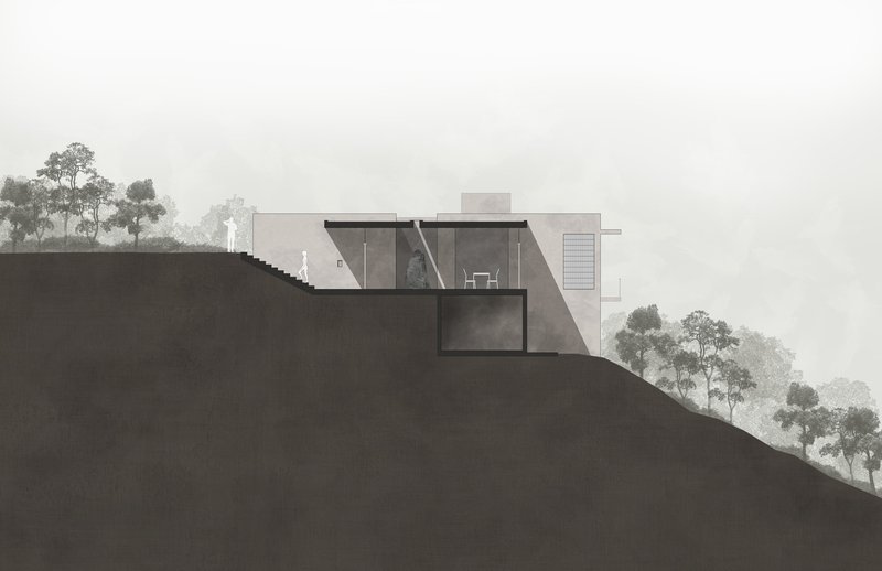 Section drawing revealing the structure embedded in a sloped hillside with surrounding vegetation