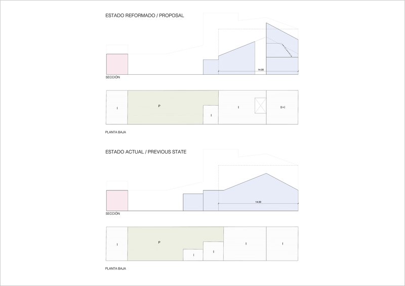 Comparative plan and section drawings showing proposed renovation alongside existing building configuration