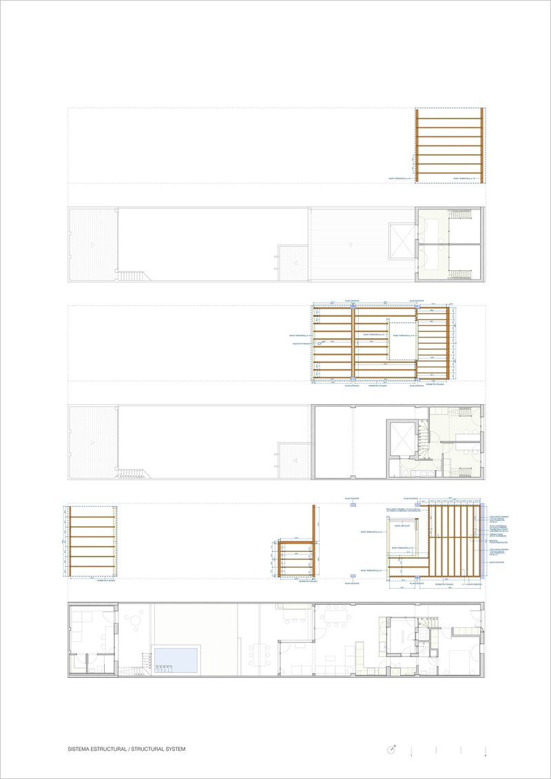 Structural system drawings showing timber framing layout across multiple floor levels and elevations