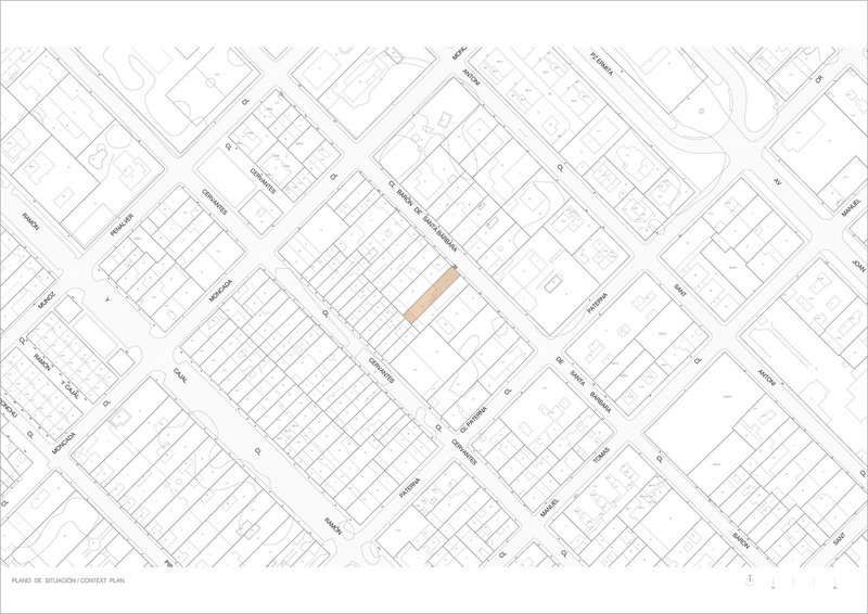 Site plan drawing showing a single building plot highlighted within the surrounding urban block