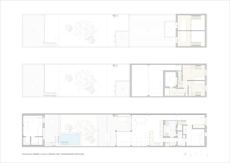 Floor plan drawings showing three levels with a central courtyard pool and surrounding rooms