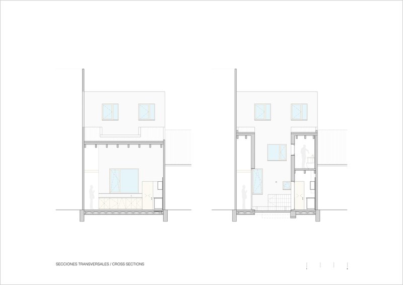 Cross section drawings revealing double-height spaces with upper level windows and courtyard pool