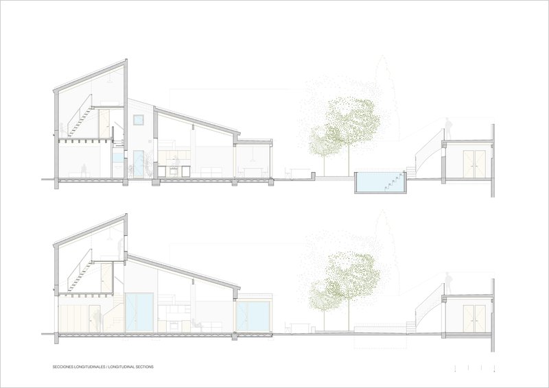 Longitudinal section drawings showing sloped roofs, interior staircase and exterior tree canopy